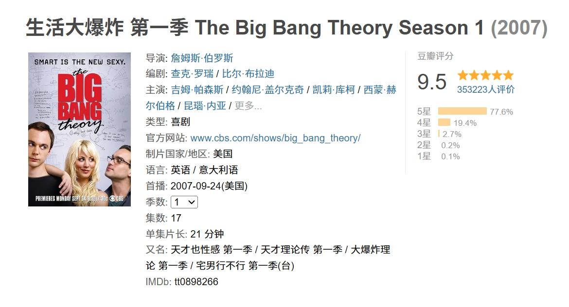 经典高分喜剧《生活大爆炸》1-12季 1080P蓝光 内嵌中英字幕 高清无水印收藏版